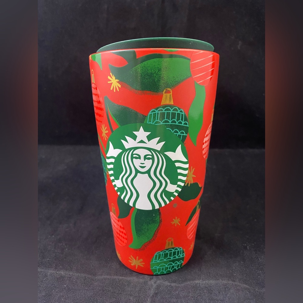 Starbucks 2019 Ceramic 12oz Travel Mug Tumbler w Lid Holiday Christmas Ornaments